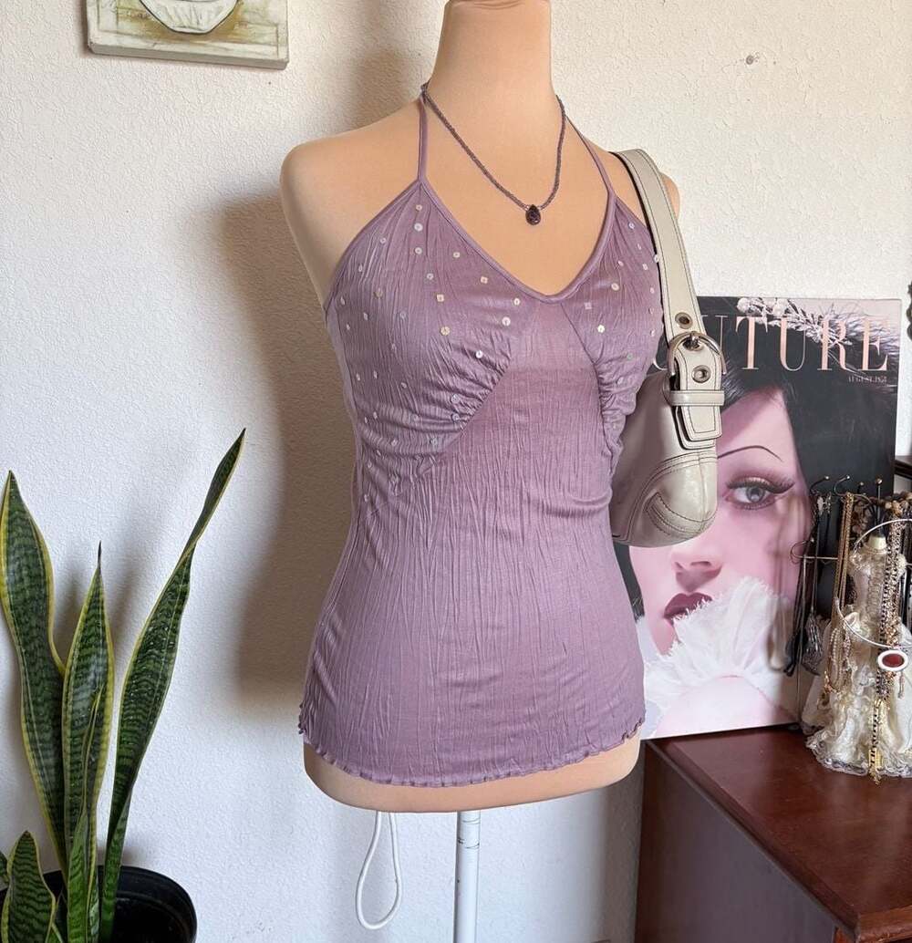 BNWT Y2K Armani Exchange Women's Sequin-Embellished Halter Tank Top, Lavender